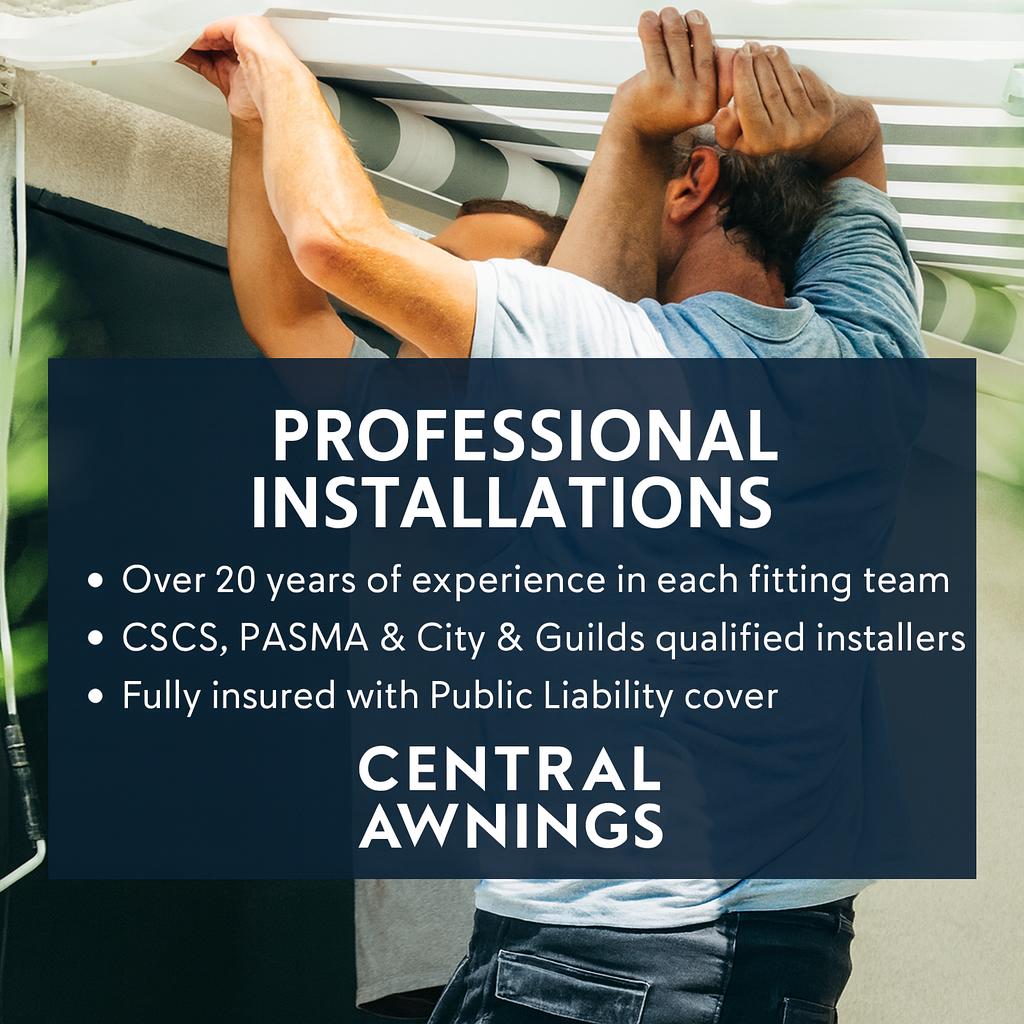 Two professional Central Awnings installers fitting a retractable awning on a commercial building, highlighting safe, qualified installation with CSCS, PASMA, and City & Guilds certification.